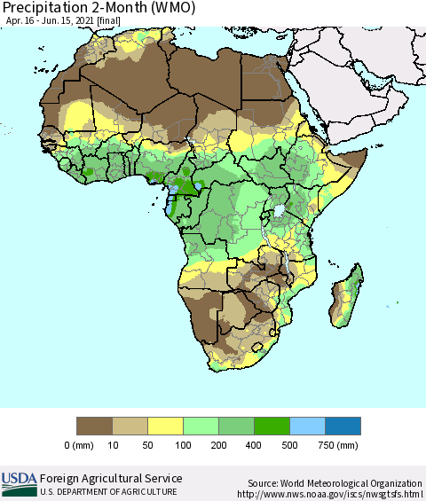 Africa Precipitation 2-Month (WMO) Thematic Map For 4/16/2021 - 6/15/2021