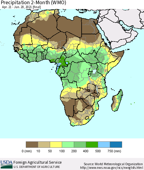 Africa Precipitation 2-Month (WMO) Thematic Map For 4/21/2021 - 6/20/2021