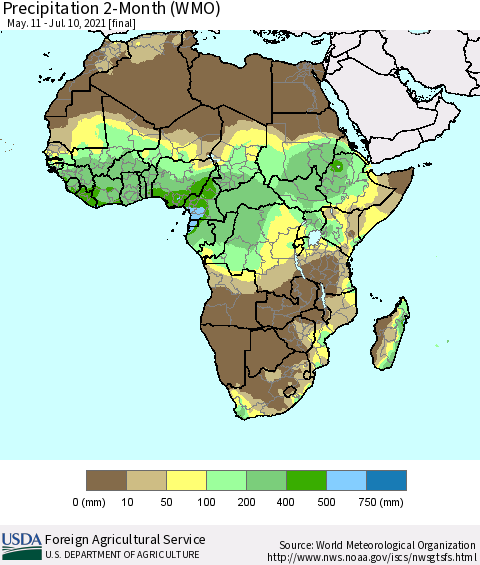 Africa Precipitation 2-Month (WMO) Thematic Map For 5/11/2021 - 7/10/2021