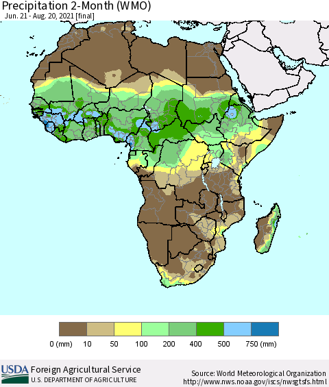 Africa Precipitation 2-Month (WMO) Thematic Map For 6/21/2021 - 8/20/2021
