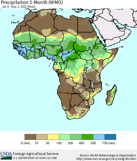 Africa Precipitation 2-Month (WMO) Thematic Map For 7/6/2021 - 9/5/2021