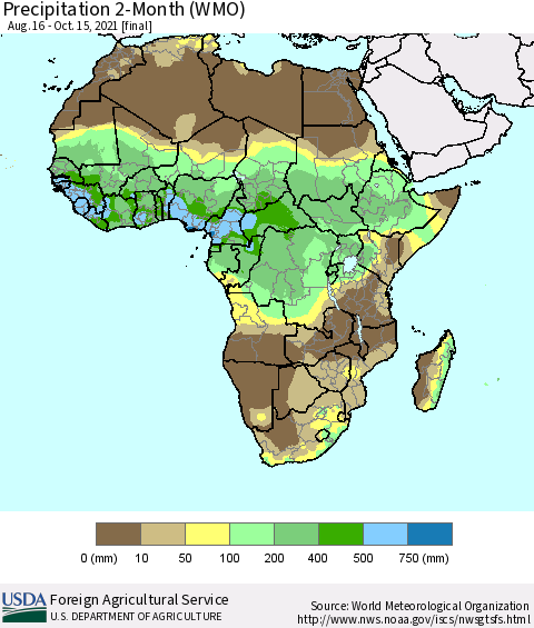 Africa Precipitation 2-Month (WMO) Thematic Map For 8/16/2021 - 10/15/2021