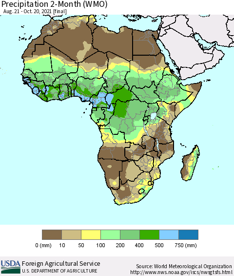 Africa Precipitation 2-Month (WMO) Thematic Map For 8/21/2021 - 10/20/2021