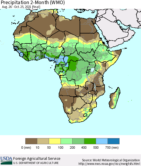 Africa Precipitation 2-Month (WMO) Thematic Map For 8/26/2021 - 10/25/2021