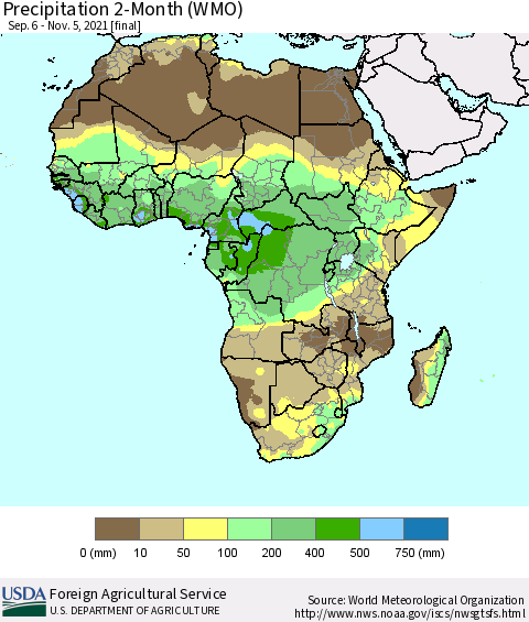 Africa Precipitation 2-Month (WMO) Thematic Map For 9/6/2021 - 11/5/2021