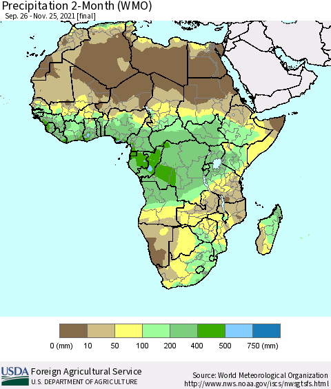 Africa Precipitation 2-Month (WMO) Thematic Map For 9/26/2021 - 11/25/2021