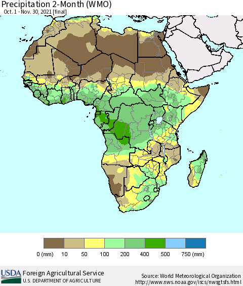 Africa Precipitation 2-Month (WMO) Thematic Map For 10/1/2021 - 11/30/2021