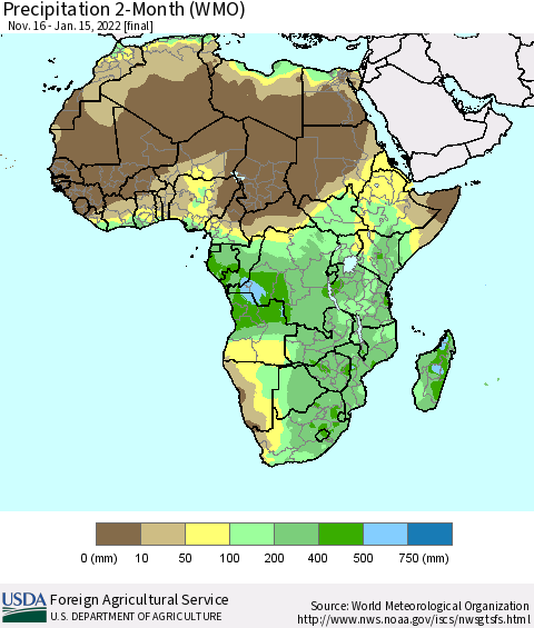 Africa Precipitation 2-Month (WMO) Thematic Map For 11/16/2021 - 1/15/2022
