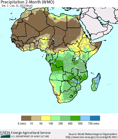 Africa Precipitation 2-Month (WMO) Thematic Map For 12/1/2021 - 1/31/2022