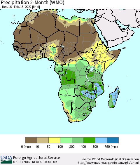 Africa Precipitation 2-Month (WMO) Thematic Map For 12/16/2021 - 2/15/2022