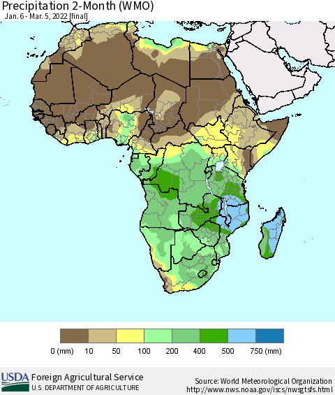 Africa Precipitation 2-Month (WMO) Thematic Map For 1/6/2022 - 3/5/2022