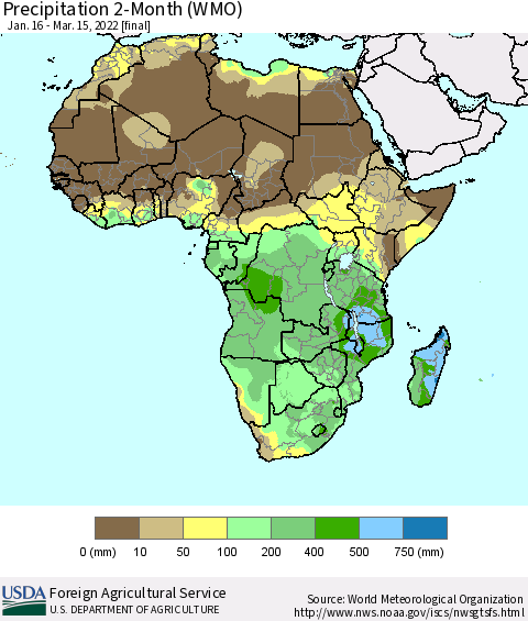 Africa Precipitation 2-Month (WMO) Thematic Map For 1/16/2022 - 3/15/2022