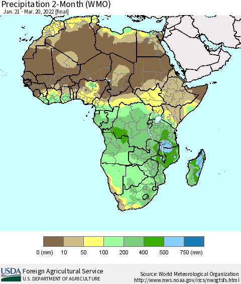 Africa Precipitation 2-Month (WMO) Thematic Map For 1/21/2022 - 3/20/2022