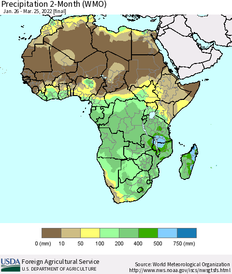 Africa Precipitation 2-Month (WMO) Thematic Map For 1/26/2022 - 3/25/2022