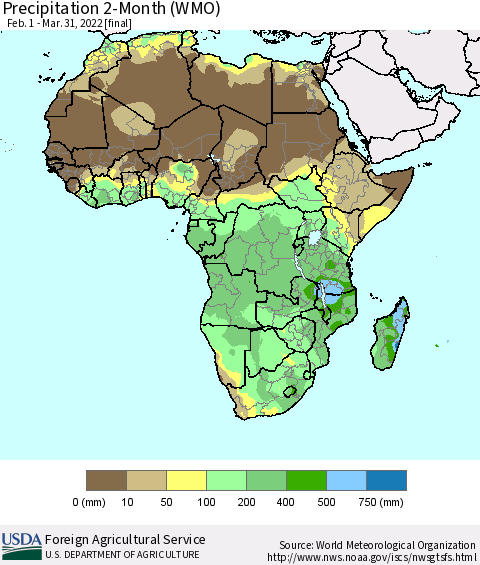 Africa Precipitation 2-Month (WMO) Thematic Map For 2/1/2022 - 3/31/2022