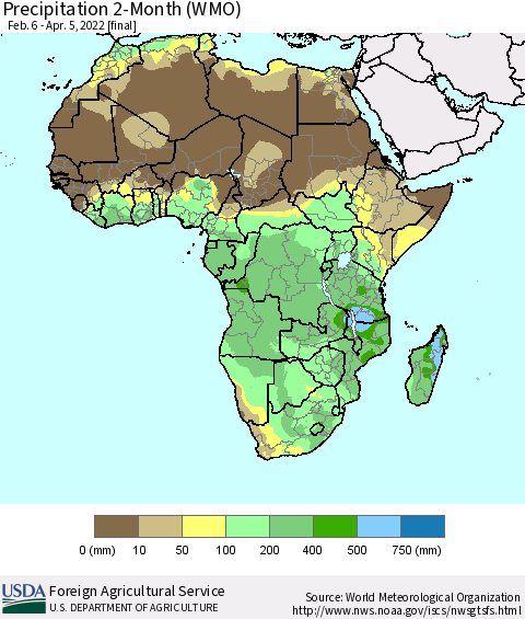 Africa Precipitation 2-Month (WMO) Thematic Map For 2/6/2022 - 4/5/2022
