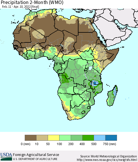Africa Precipitation 2-Month (WMO) Thematic Map For 2/11/2022 - 4/10/2022