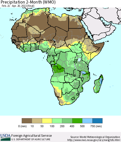 Africa Precipitation 2-Month (WMO) Thematic Map For 2/21/2022 - 4/20/2022