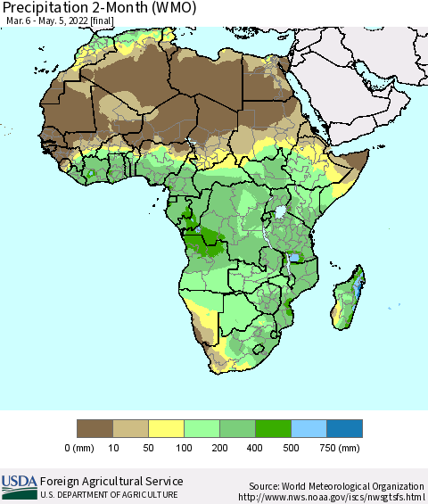 Africa Precipitation 2-Month (WMO) Thematic Map For 3/6/2022 - 5/5/2022