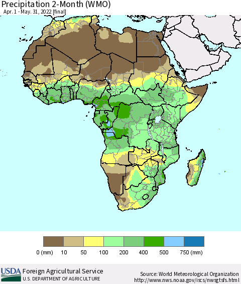 Africa Precipitation 2-Month (WMO) Thematic Map For 4/1/2022 - 5/31/2022