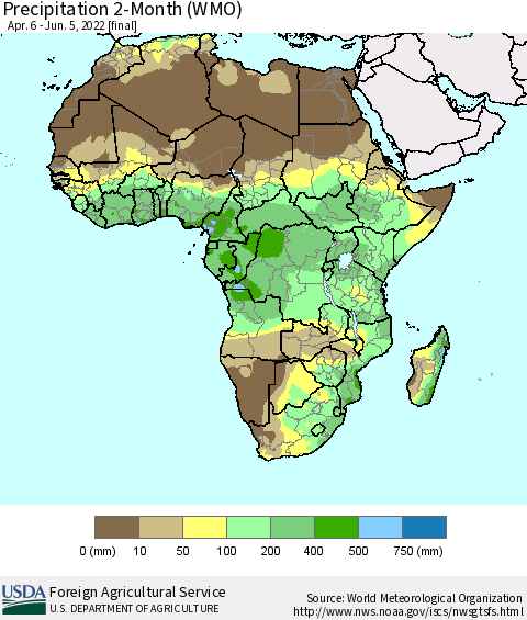 Africa Precipitation 2-Month (WMO) Thematic Map For 4/6/2022 - 6/5/2022