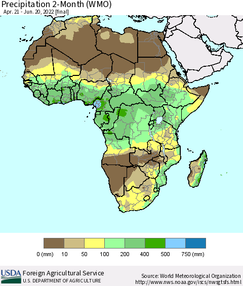 Africa Precipitation 2-Month (WMO) Thematic Map For 4/21/2022 - 6/20/2022