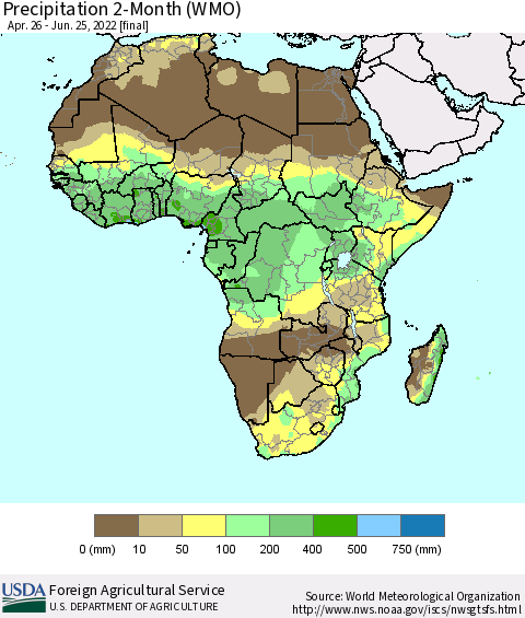 Africa Precipitation 2-Month (WMO) Thematic Map For 4/26/2022 - 6/25/2022