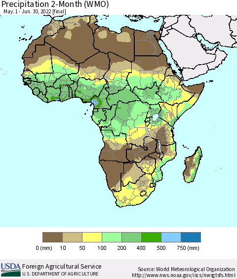 Africa Precipitation 2-Month (WMO) Thematic Map For 5/1/2022 - 6/30/2022