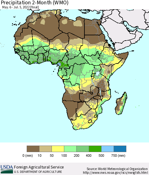 Africa Precipitation 2-Month (WMO) Thematic Map For 5/6/2022 - 7/5/2022