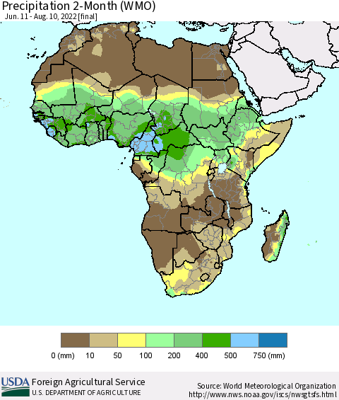 Africa Precipitation 2-Month (WMO) Thematic Map For 6/11/2022 - 8/10/2022