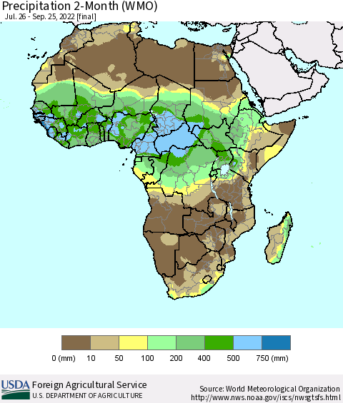 Africa Precipitation 2-Month (WMO) Thematic Map For 7/26/2022 - 9/25/2022