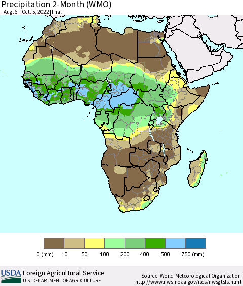 Africa Precipitation 2-Month (WMO) Thematic Map For 8/6/2022 - 10/5/2022