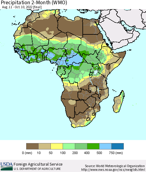 Africa Precipitation 2-Month (WMO) Thematic Map For 8/11/2022 - 10/10/2022