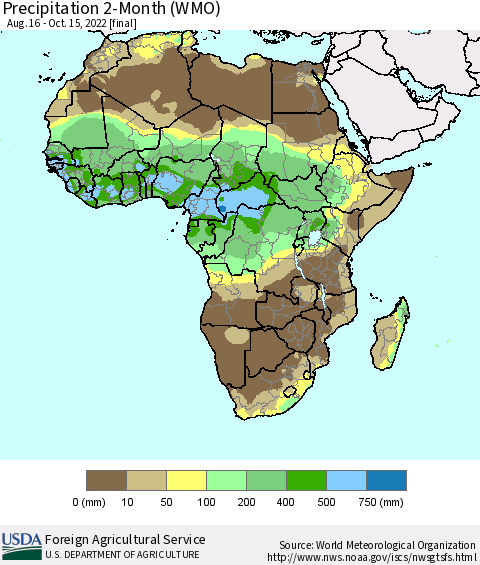 Africa Precipitation 2-Month (WMO) Thematic Map For 8/16/2022 - 10/15/2022