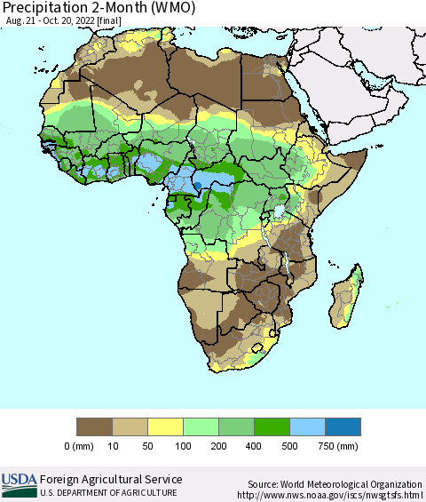 Africa Precipitation 2-Month (WMO) Thematic Map For 8/21/2022 - 10/20/2022