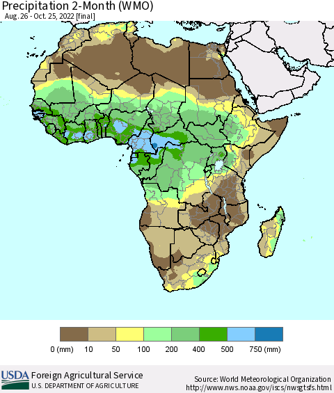 Africa Precipitation 2-Month (WMO) Thematic Map For 8/26/2022 - 10/25/2022