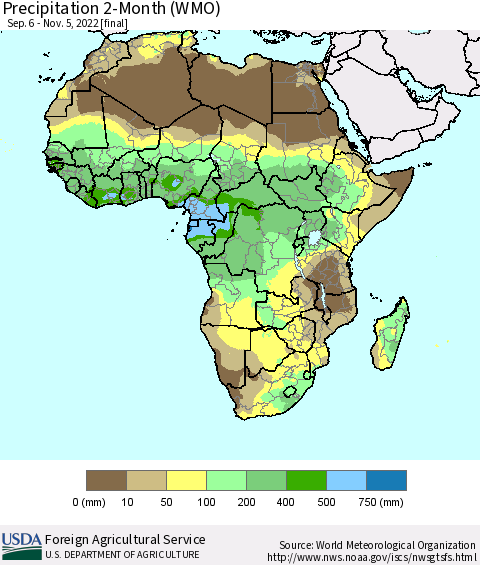 Africa Precipitation 2-Month (WMO) Thematic Map For 9/6/2022 - 11/5/2022