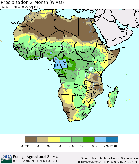 Africa Precipitation 2-Month (WMO) Thematic Map For 9/11/2022 - 11/10/2022