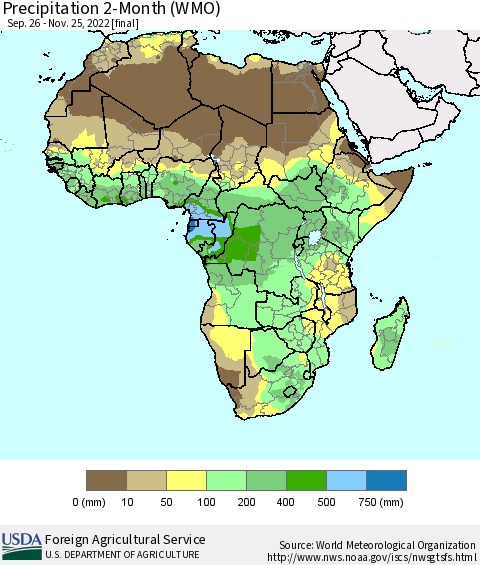 Africa Precipitation 2-Month (WMO) Thematic Map For 9/26/2022 - 11/25/2022