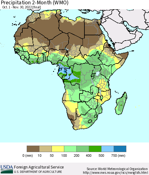 Africa Precipitation 2-Month (WMO) Thematic Map For 10/1/2022 - 11/30/2022