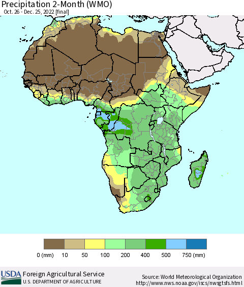 Africa Precipitation 2-Month (WMO) Thematic Map For 10/26/2022 - 12/25/2022