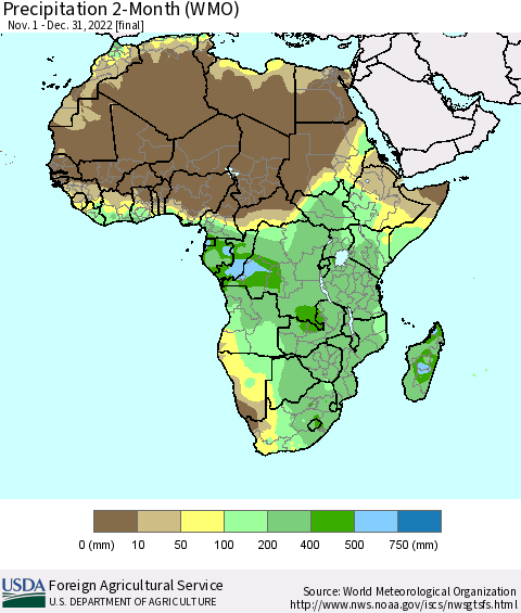 Africa Precipitation 2-Month (WMO) Thematic Map For 11/1/2022 - 12/31/2022
