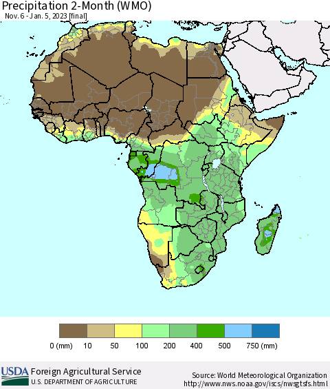 Africa Precipitation 2-Month (WMO) Thematic Map For 11/6/2022 - 1/5/2023