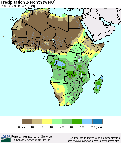 Africa Precipitation 2-Month (WMO) Thematic Map For 11/16/2022 - 1/15/2023
