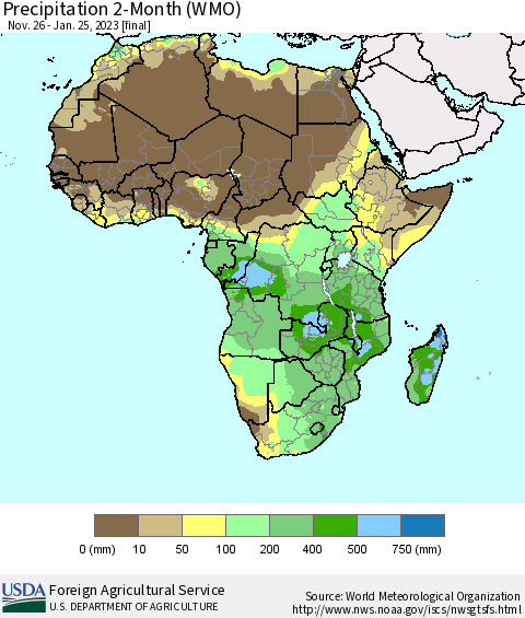 Africa Precipitation 2-Month (WMO) Thematic Map For 11/26/2022 - 1/25/2023