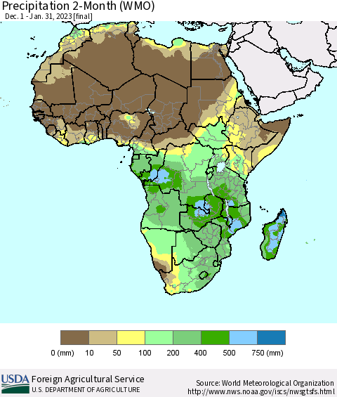 Africa Precipitation 2-Month (WMO) Thematic Map For 12/1/2022 - 1/31/2023