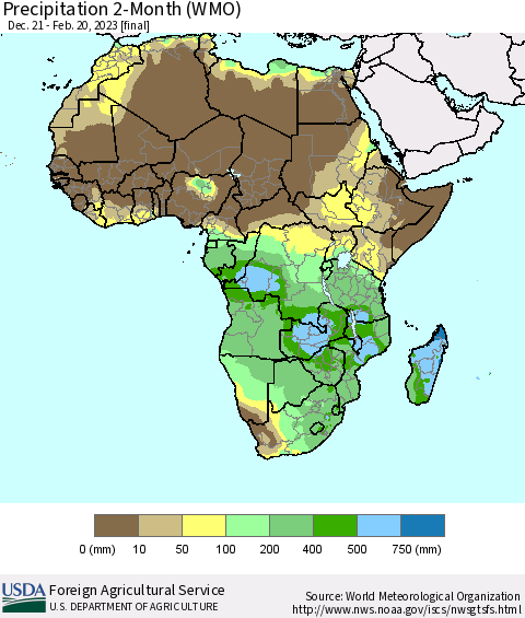 Africa Precipitation 2-Month (WMO) Thematic Map For 12/21/2022 - 2/20/2023