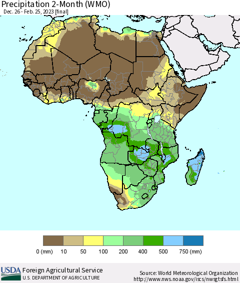 Africa Precipitation 2-Month (WMO) Thematic Map For 12/26/2022 - 2/25/2023