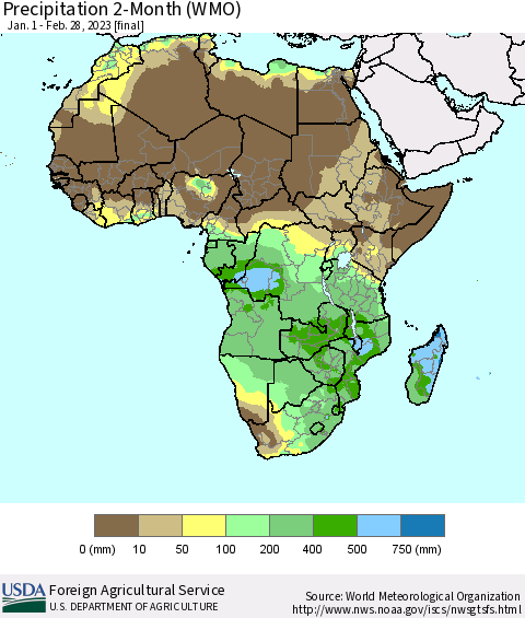 Africa Precipitation 2-Month (WMO) Thematic Map For 1/1/2023 - 2/28/2023