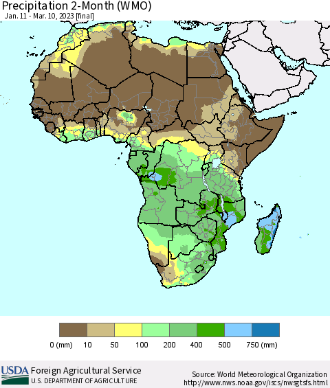 Africa Precipitation 2-Month (WMO) Thematic Map For 1/11/2023 - 3/10/2023